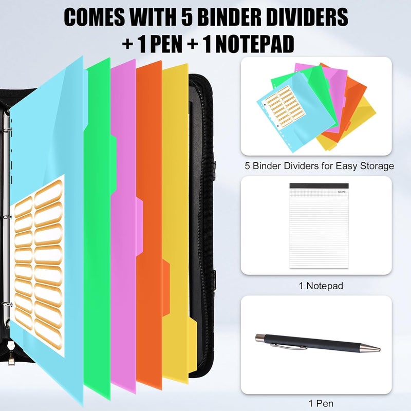 NATISERAUM Portfolio Binder 3 Ring Includes Pen and 5 Dividers with 10 Pockets, Padfolio Organizer with Zipper for Men and Women, Includes A4 Notepad for Business, School, Work - Image 3